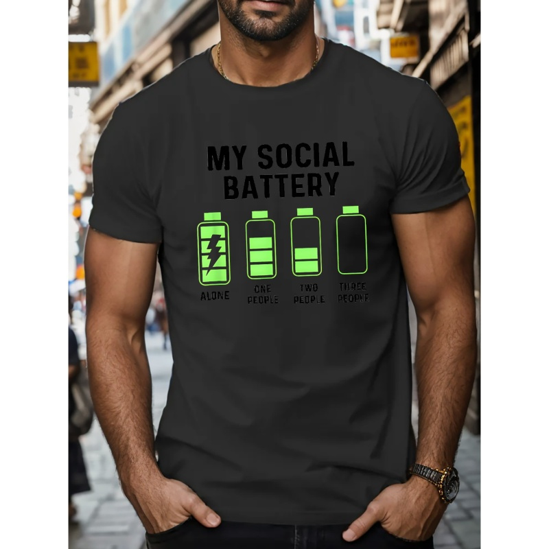 

My Social Battery Print T Shirt, Tees For Men, Casual Short Sleeve T-shirt For Summer