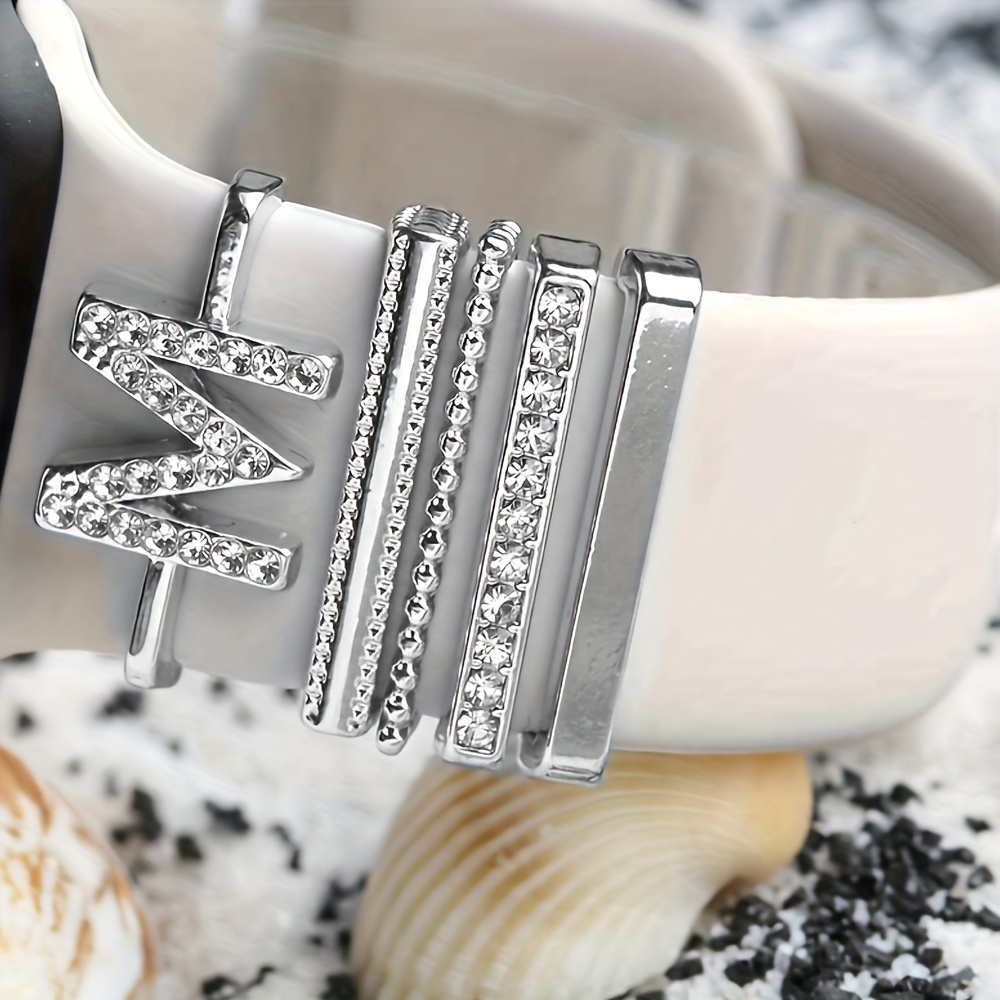 Hot 2024 New Shiny Alphabet Initial Letter Watchband Ring Loops, Luxury Rhinestone Watch Strap Charms Decorations 5pcs Alphabet Initial Letter Watchband Rings Loops Compatible With Watch Garmin Smartwatch (A-Z)