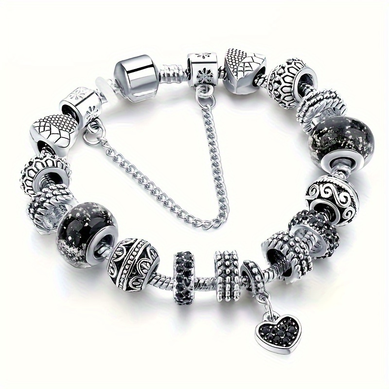 

Vintage Silvery Black Beads Charm Bracelet Love Heart-shaped Charm Bracelet Best Gift For Women Hand Jewelry