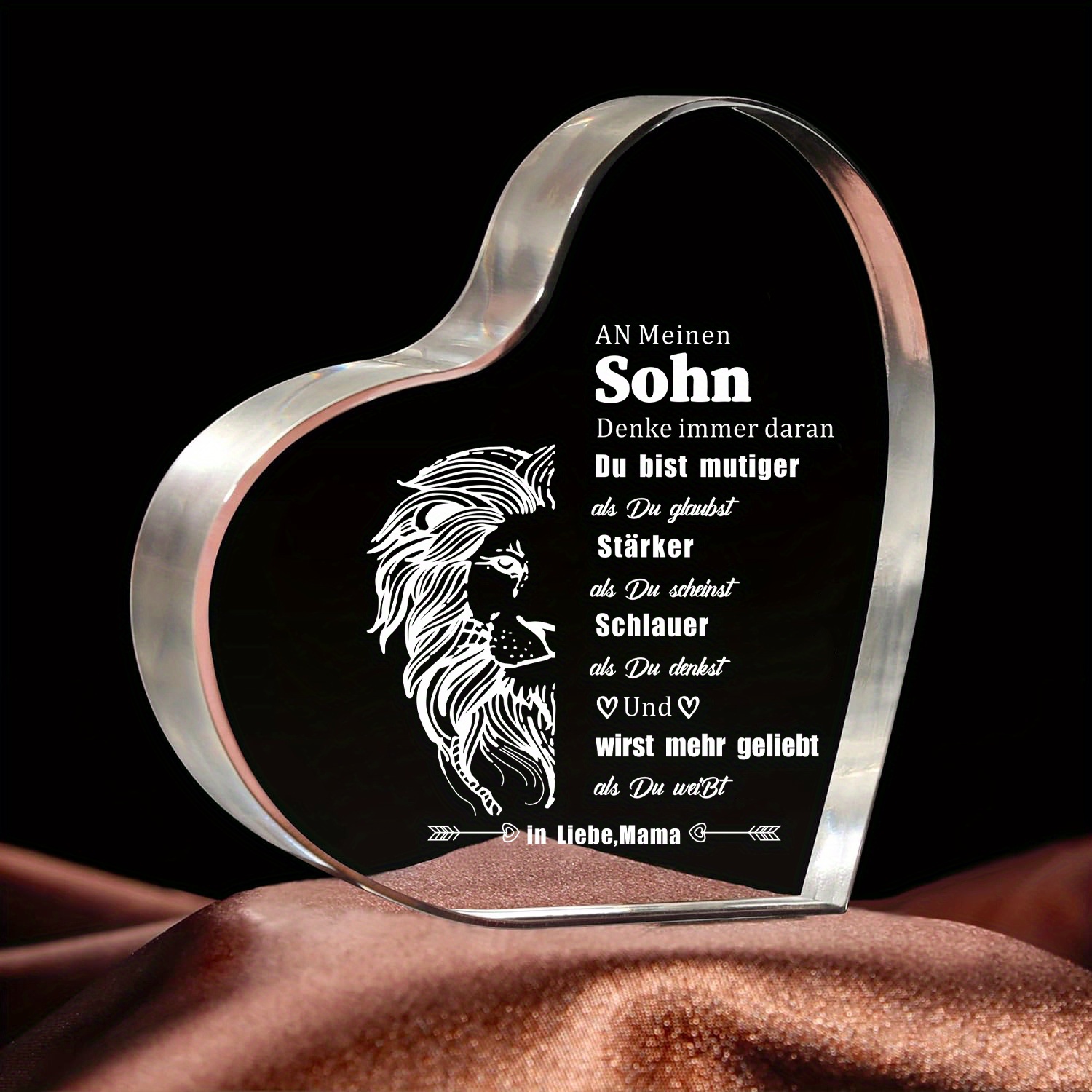 1pc Heart-shaped Acrylic Desk Plaque, German Son Gift From Mom, No Electricity Needed, Featherless, For Home Office Table Decor Keepsake