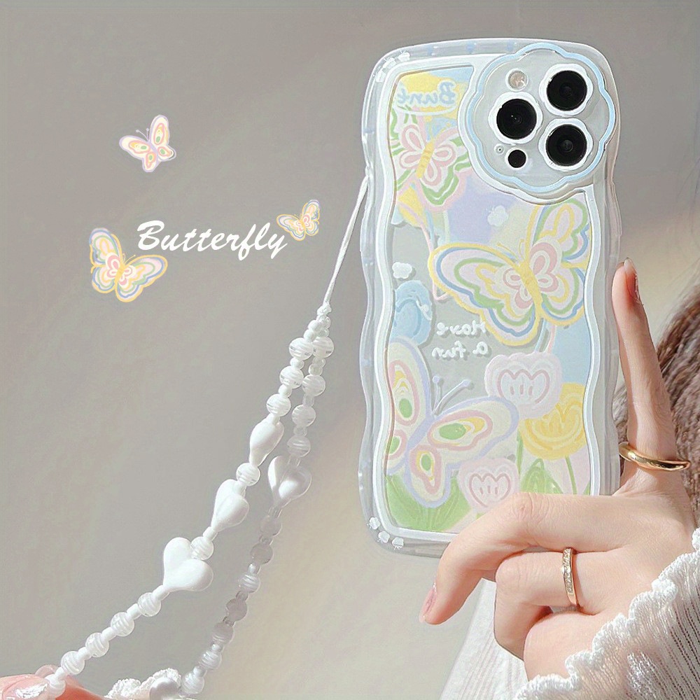 

Fresh And Fairy-like Butterfly Wave Border With Hanging Rope Bracelet Phone Case Suitable For Apple 15/14/13/12/11/xsmax/xs/xr Series