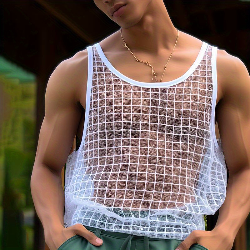 

Men's Casual Semi-sheer Vest, Chic Mesh Sexy Sleeveless Tank Top