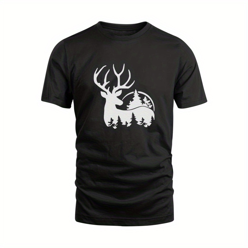 

Elk And Trees Print Tees For Men, Casual Crew Neck Short Sleeve T-shirt, Comfortable Breathable T-shirt For All Seasons