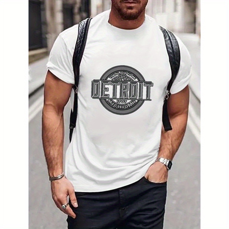 

Detroit Letter Graphic Print Men's Creative Top, Casual Short Sleeve Crew Neck T-shirt, Men's Clothing For Summer Outdoor