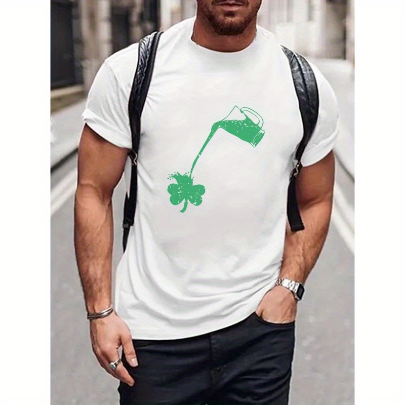 

Clover Print Tees For Men, Casual Crew Neck Short Sleeve T-shirt, Comfortable Breathable T-shirt For All Seasons, St Patrick's Day Gift