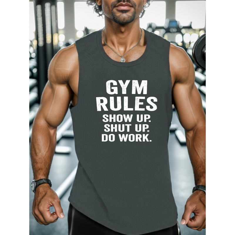 

Gym Rules Print Men's Vest, Casual Sleeveless Mesh Breathable Summer Sports Tank Top