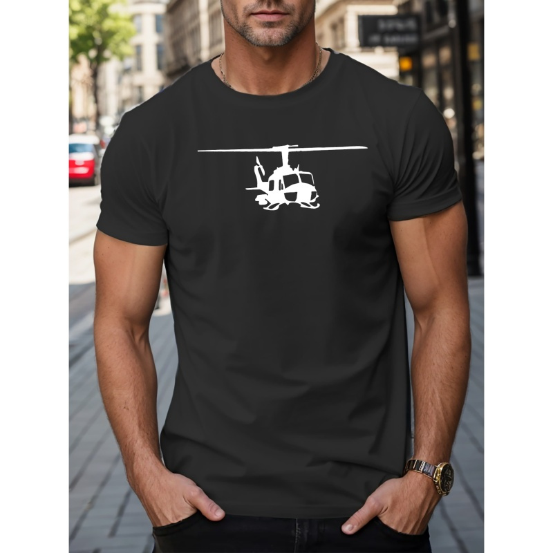 

Helicopter Pattern Print Casual Crew Neck Short Sleeve T-shirt For Men, Quick-drying Comfy Casual Summer Tops For Daily Wear Work Out And Vacation Resorts