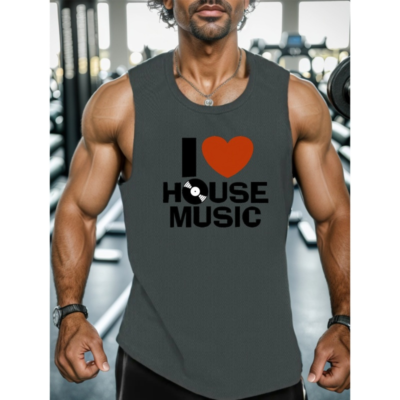 

I Love House Music Print Summer Men's Quick Dry Moisture-wicking Breathable Tank Tops Athletic Gym Bodybuilding Sports Sleeveless Shirts For Workout Running Training Men's Clothing