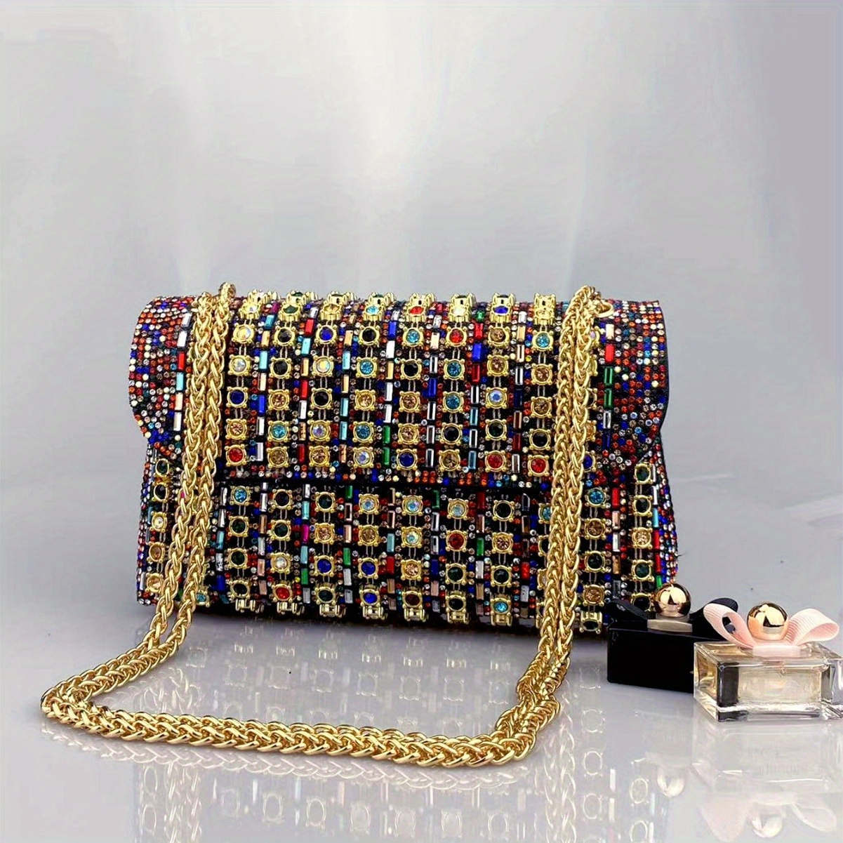 colorful rhinestone crossbody bag trendy chain shoulder bag womens luxury shiny handbag prom purse details 4