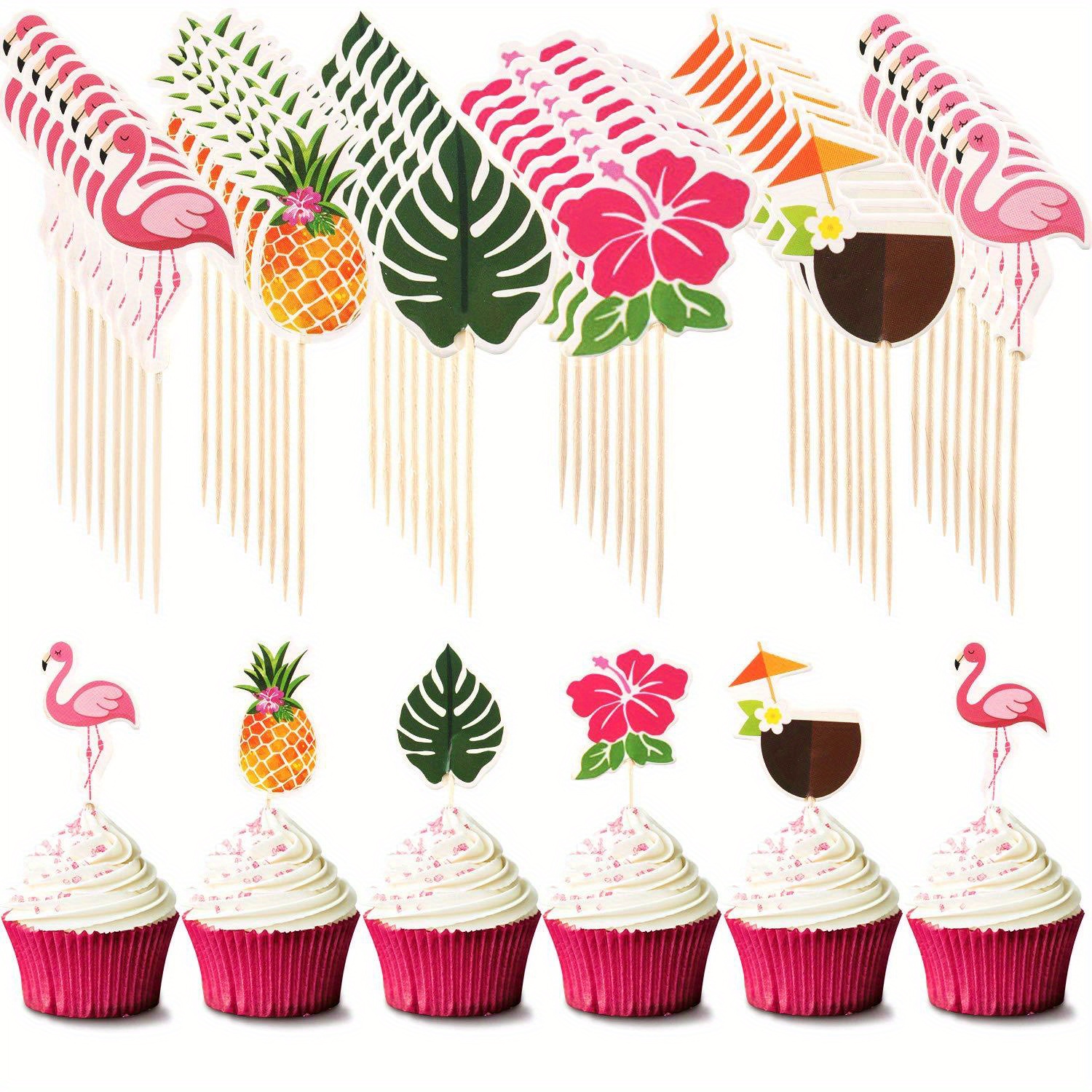 

24pcs, Cupcake Toppers Tropical Cake Decorations Hawaiian Toothpicks Sticks With Flamingo Pineapple Palm Leaves Shape Picks For Summer Beach Theme Party Favors Supplies