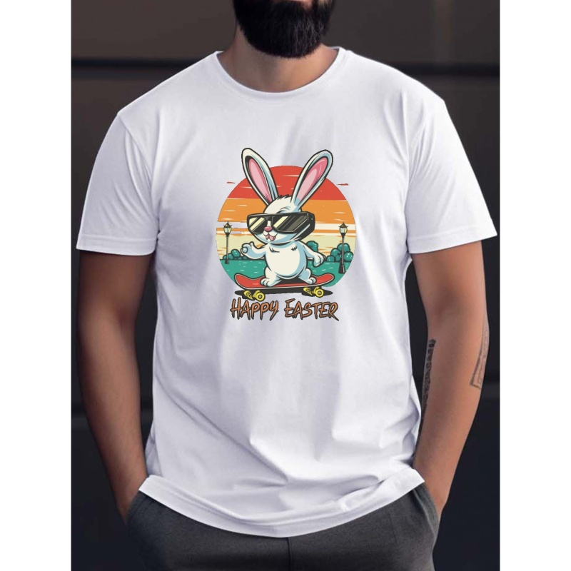

Cartoon Bunny & Happy Easter Letter Print Men's Short Sleeve Crew Neck T-shirts, Comfy Breathable Casual Slightly Stretch Tops, Men's Clothing, Summer