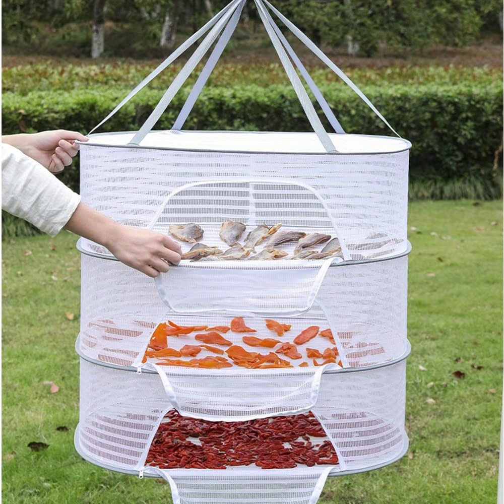 

1pc 1-3 Tier Herb Drying Rack, Mesh Hanging Dryer Net With Zipper, Windproof Foldable Fabric Clothes Drying Rack With Fixing Band, Collapsible Laundry Rack For Sweaters - Indoor/outdoor Use