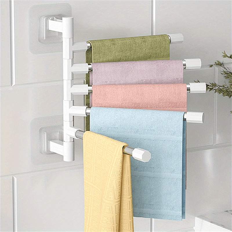 

1pc 5-bar Rotating Bathroom Towel Rack, Punch-free, Stainless Steel Towel Holder, Space-saving Wall-mounted Storage Shelf With Suction Cup For Toilet And Shower Room