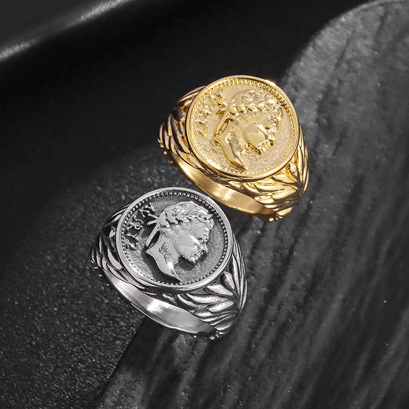 Roman Empire Caesar Pattern Ring Titanium Steel Retro Electroplated Portrait