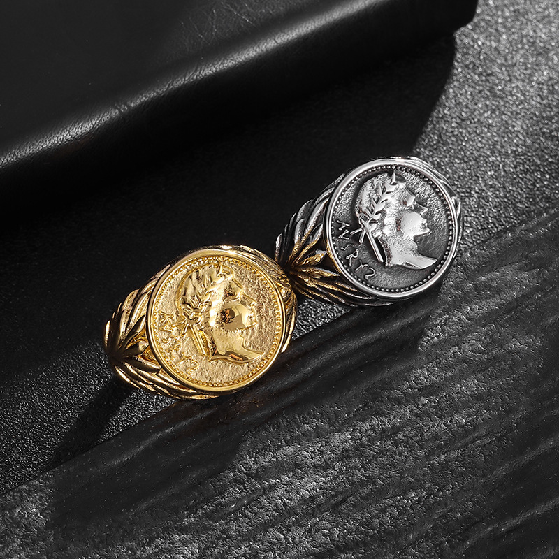 Roman Empire Caesar Pattern Ring Titanium Steel Retro Electroplated Portrait