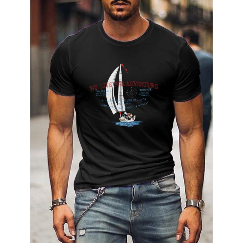 

Sailing Boat Print Tees For Men, Casual Crew Neck Short Sleeve T-shirt, Comfortable Breathable T-shirt For All Seasons