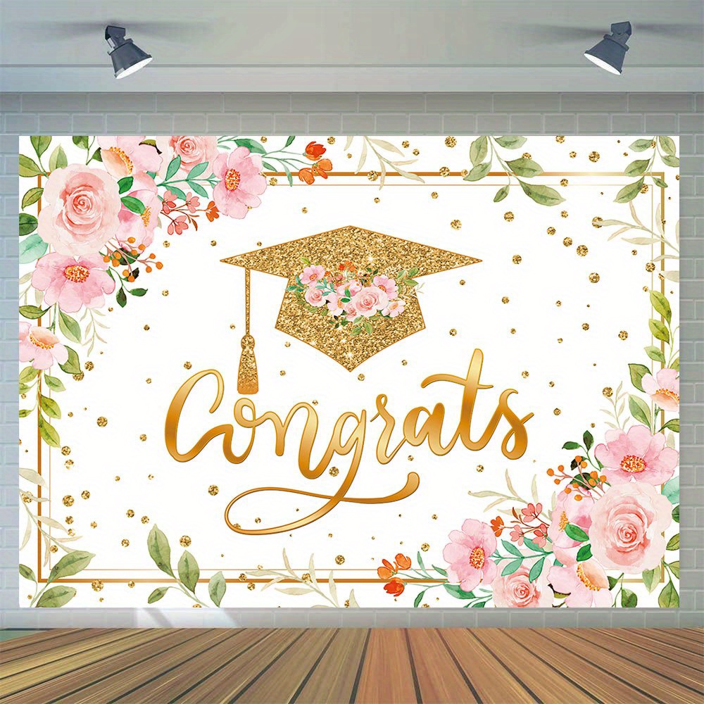 

1pc, Congratulations Graduation Photography Backdrop, Vinyl Golden Bachelor Hat Rose Flower Photo 2024 Class Of High School College Graduate Prom Party Banner Photo Studio Booth Props
