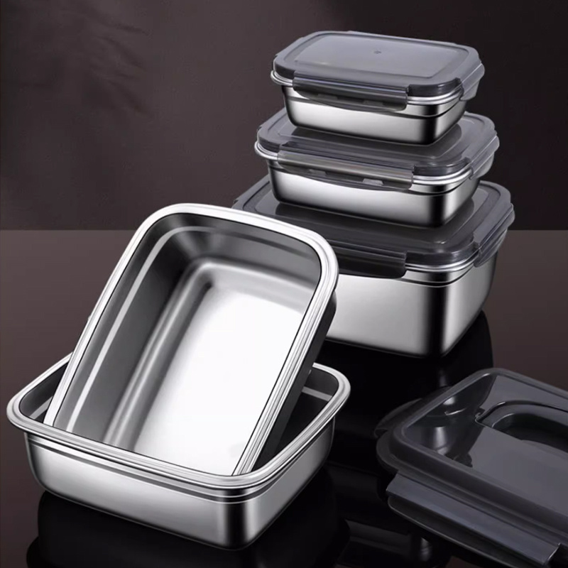 

1pc, Refrigerator Cooler Box, 304 Stainless Steel Fresh-keeping Box With Handle, Meal Prep Square Box, Sealed Spill-proof Bento Box, Picnic Lunch Box, Suitable For Fruits, Vegetables