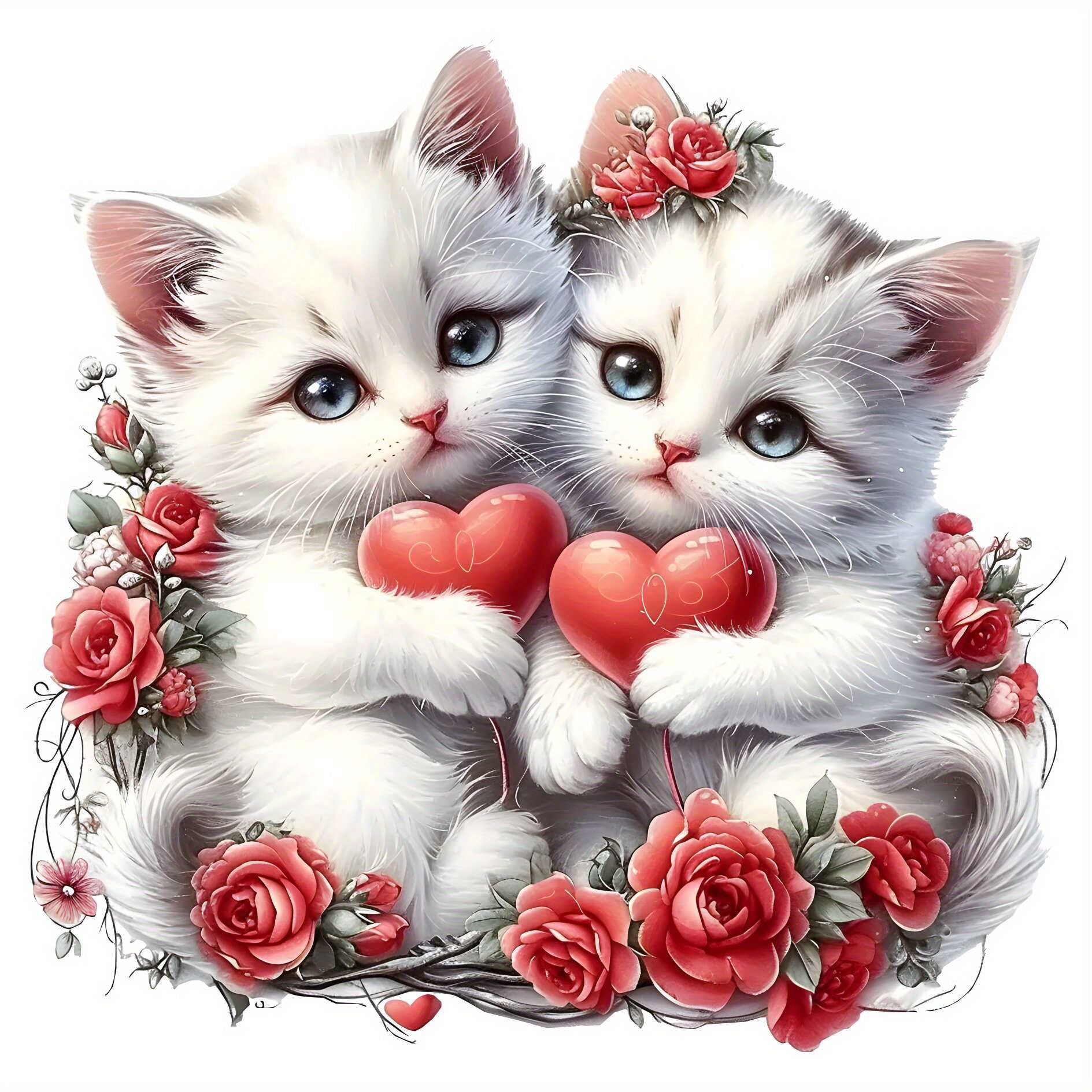 

1pc/2pcs/3pcs 2 White Kittens Holding A Red Love Heart Heat Transfer Stickers For Men, Suitable For T-shirts, Clothes, Pillows, Bags And Jeans