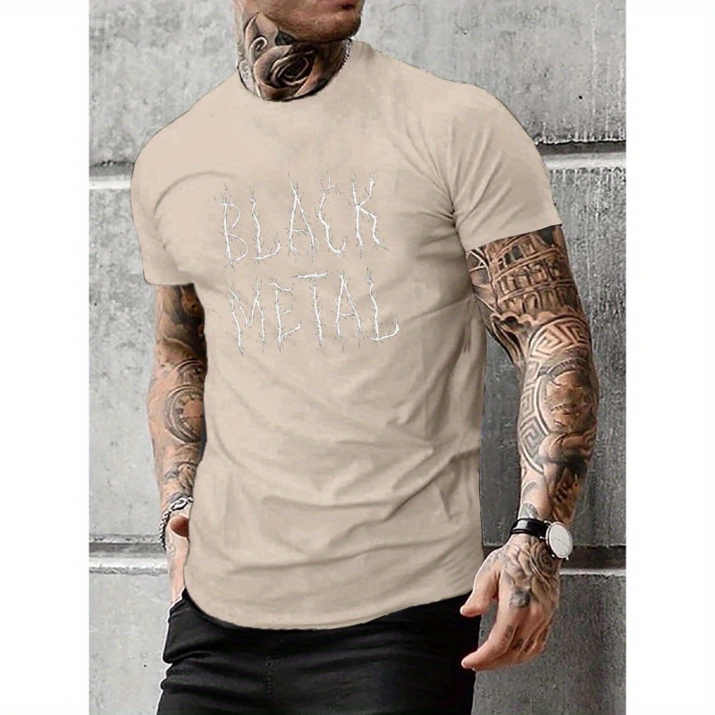 

Black Metal Print Tees For Men, Casual Crew Neck Short Sleeve T-shirt, Comfortable Breathable T-shirt