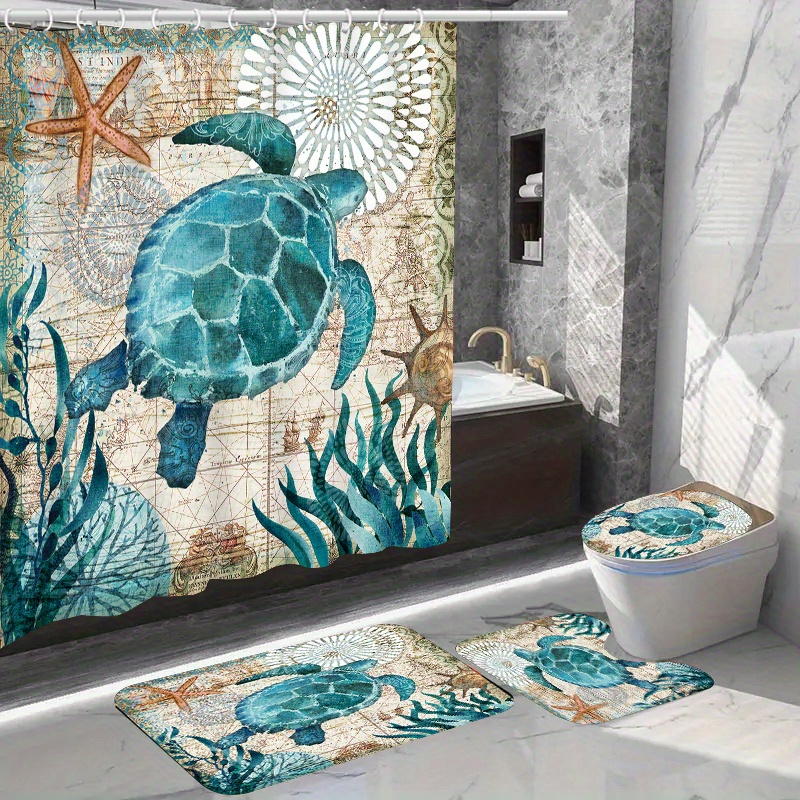 

1/4pcs Nautical Turtle Shower Curtain Set - Waterproof, Polyester Curtain With 12 Hooks, Non-slip Bath Mats, Toilet Lid Cover, And Rug - Washable Bathroom Decor With Ocean Theme