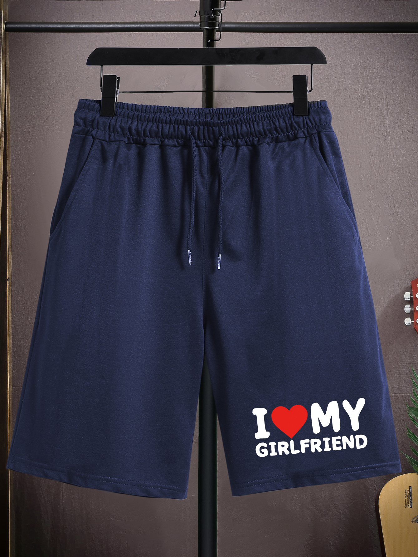 I Love My Girlfriend Casual Slightly Stretch Graphic Drawstring Shorts,  Men's Clothes For Summer