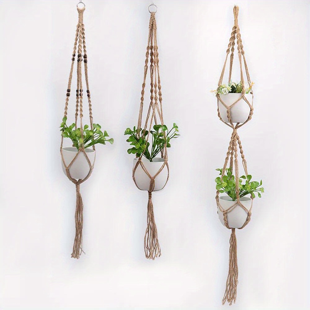 

3 Packs, Handmade Macrame Plant Hangers, Traditional Style Flower Pot Holders With Tray, Rustic Outdoor Plant Hanging Baskets, Patio And Balcony Pot Hanger Crafts For Wall Garden Decor