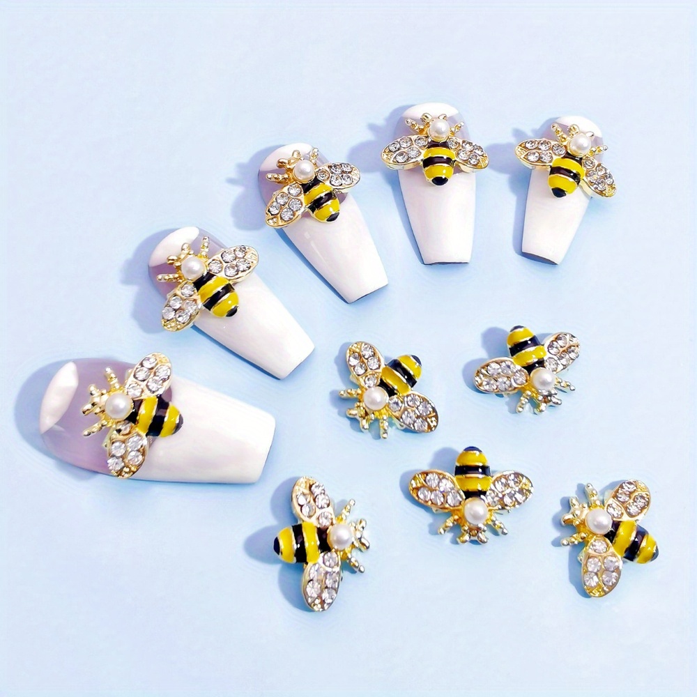 

10pcs Bee-themed Alloy Rhinestone Studs For Nail Art Decoration, Unscented Fashion Accessory Jewelry