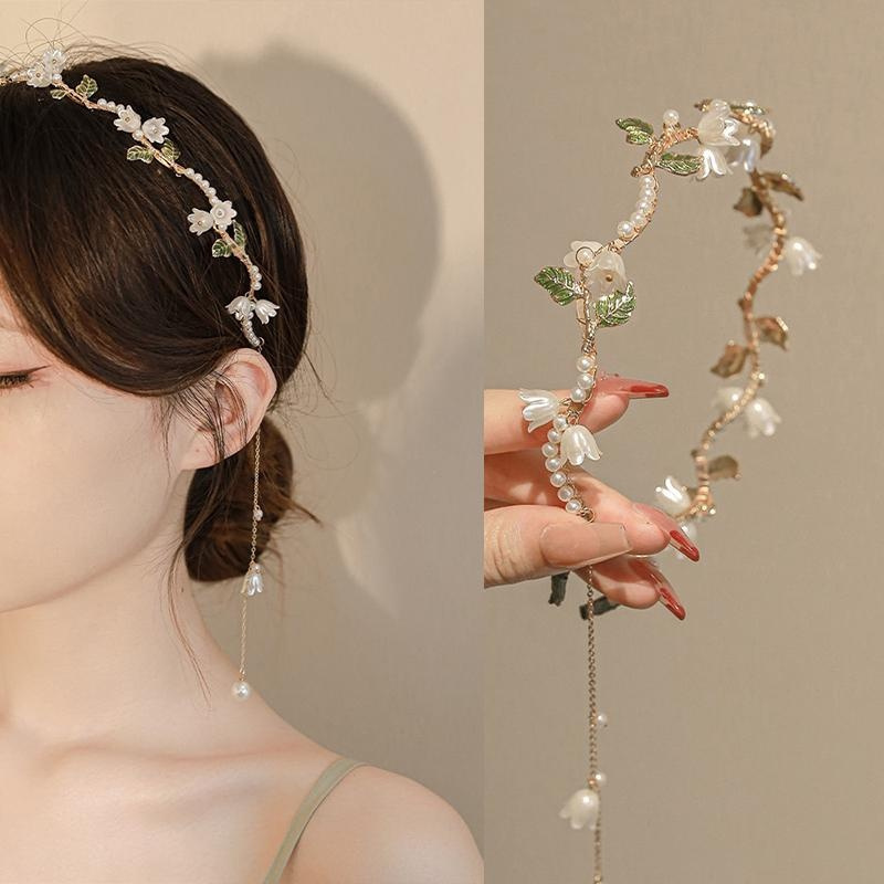 

Elegant Faux Pearl Flower Leaf Decorative Head Band Vintage Wavy Hair Hoop For Women And Daily Use Wear