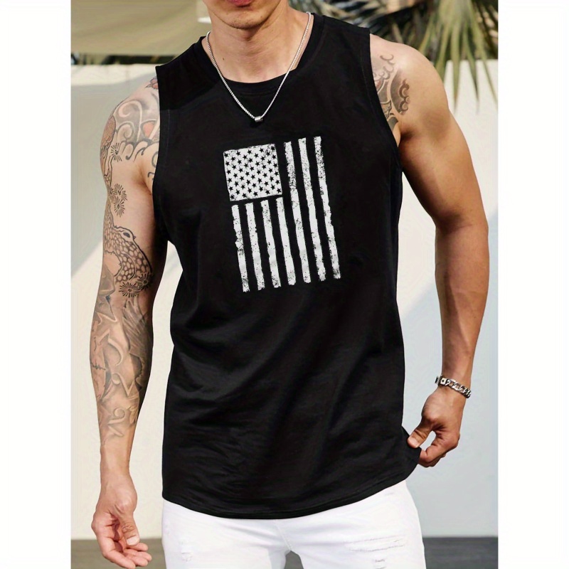 

Plus Size Tank Top For Men, American Flag Graphic Print Sleeveless Tees For Sports Fitness, Breathable Quick Dry Clothing