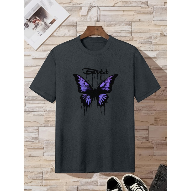 

Trendy Butterfly Illustration Print, Men's Graphic Design Crew Neck T-shirt, Casual Comfy Tees For Summer, Men's Clothing Tops For Daily Gym Workout Running