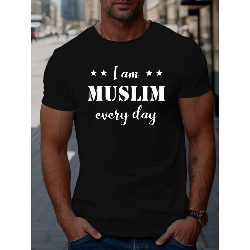 

Muslim Print Short Sleeve T-shirt, Casual Crew Neck Comfortable Summer Top, Men's Clothing