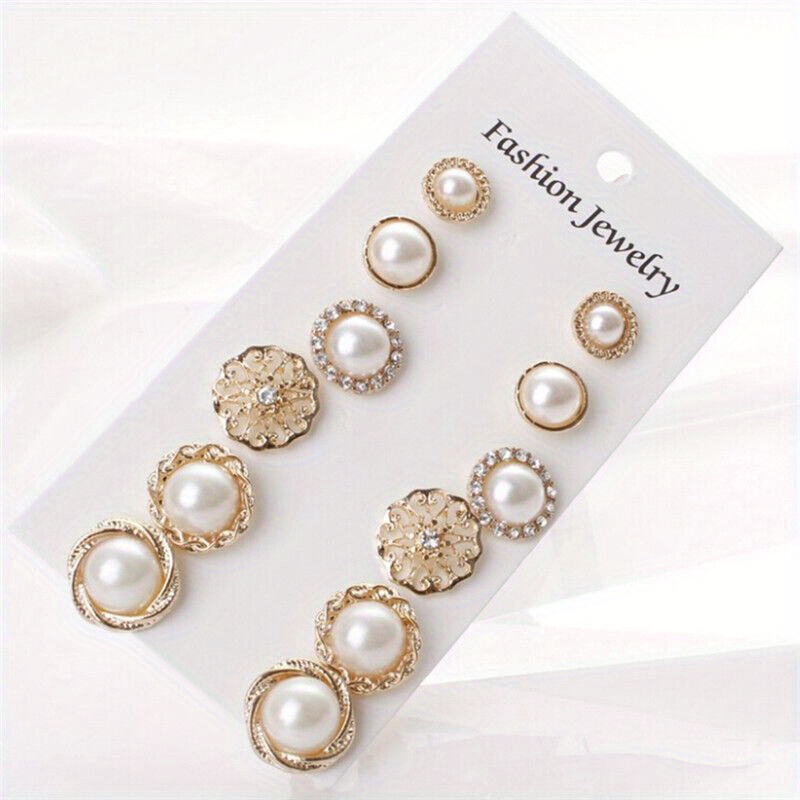 

6 Pairs Of Round Stud Earrings Set Inlaid White Faux Pearls Elegant Ear Piercing Jewelry Accessory