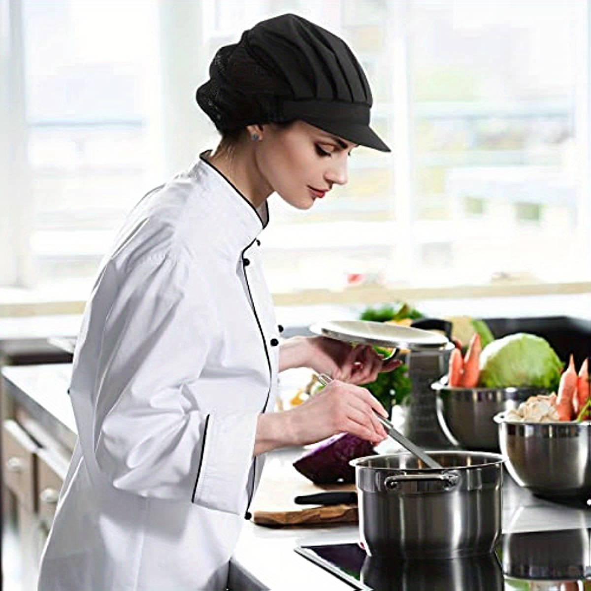 1pc, Adjustable Black Mesh Chef Hat, Breathable Kitchen Cooking Cap,  Elastic Band Food Service Beanie For Women, Fabric Hair Net, Work Headwear
