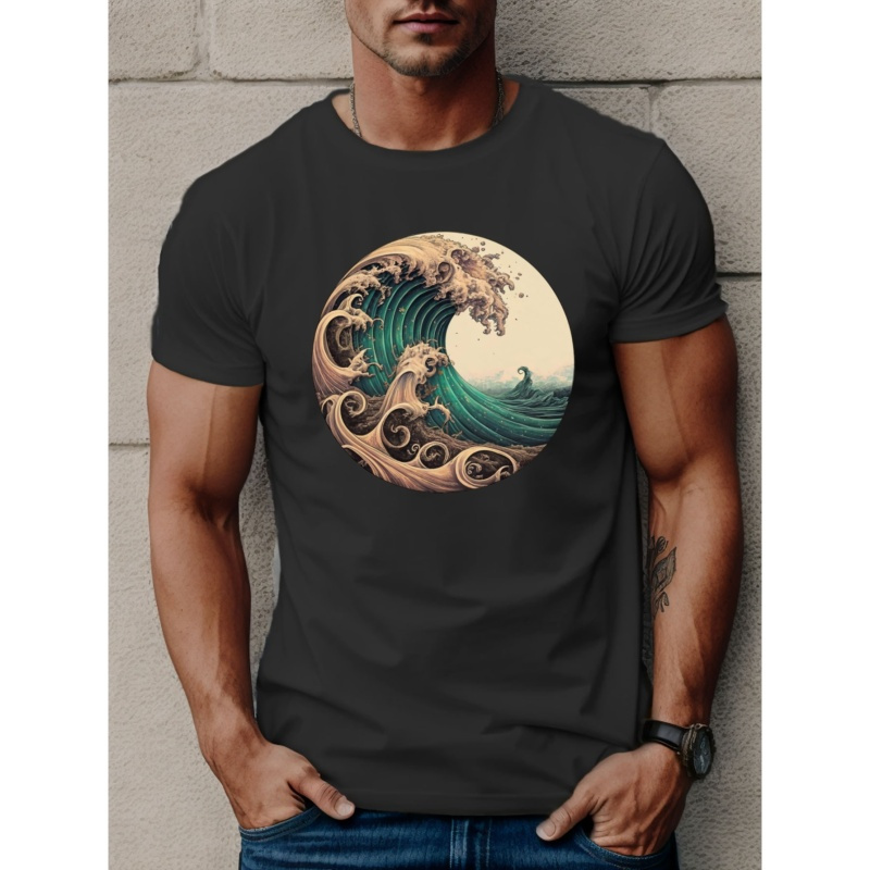 

Waves Print Tees For Men, Casual Crew Neck Short Sleeve T-shirt, Comfortable Breathable T-shirt For Summer
