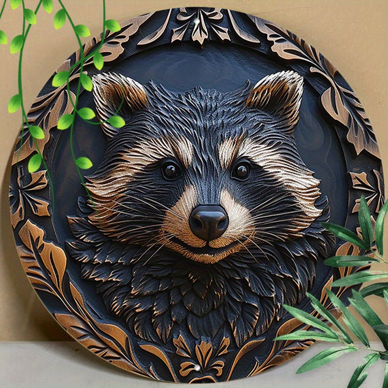 

1pc 8x8inch (20x20cm) Round Aluminum Sign Metal Sign Funny Raccoon Sign Stereoscopic Visual Effects Sign For Club Parlor Cafe Store