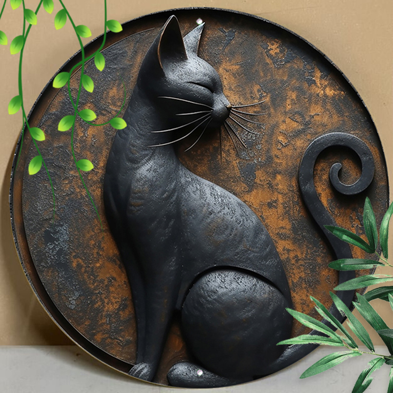 

1pc 8x8inch (20x20cm) Round Aluminum Sign Metal Sign Funny Siamese Cat Sign Relief Visual Effects Tin Sign For Garden Kitchen Restaurant Garage