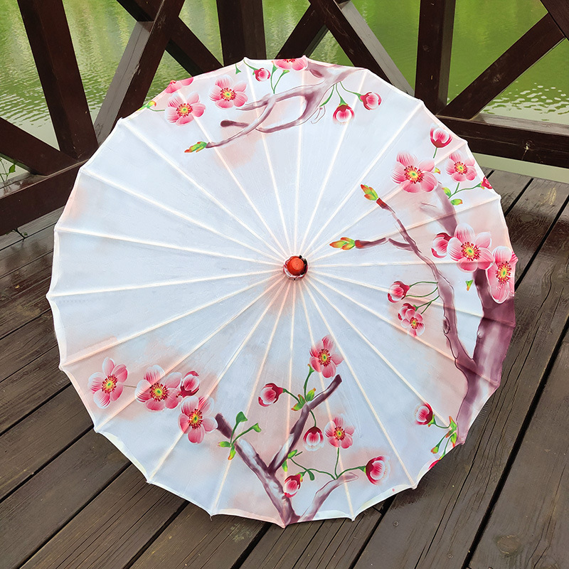 

1pc Chinese Flowers Parasol Umbrella, Sun Protection Silk Cloth Rainproof Stick Umbrella, Cherry Blossom Sakura Floral Bamboo Umbrella For Weddings Party Decoration