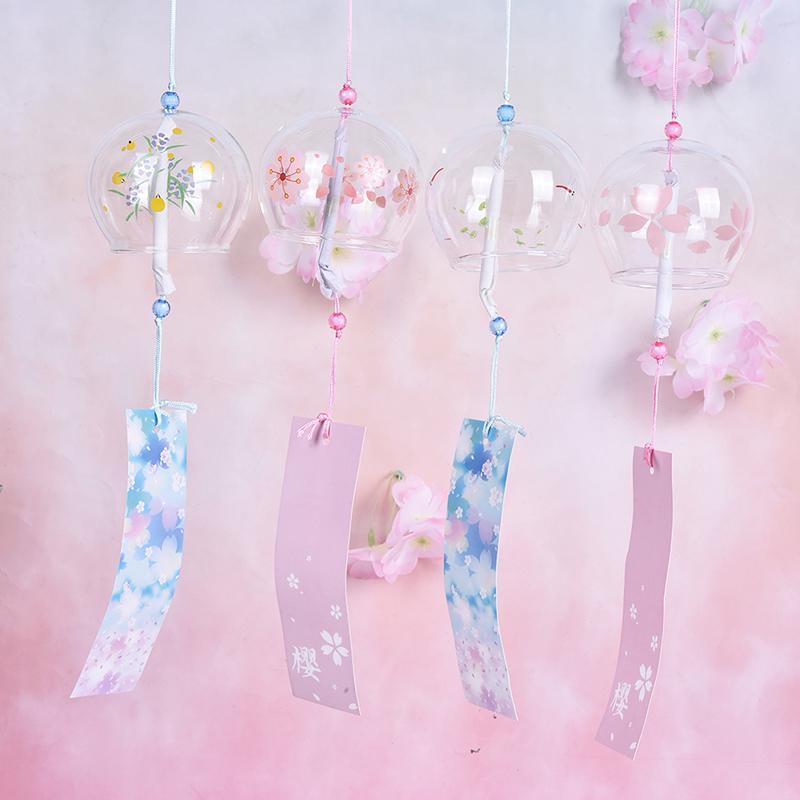 

1pc Japanese Cherry Blossom Wind Chimes, Glass Spherical Decor With Sakura Patterns, Creative Gift Hanging Ornaments, Handcrafted Glass Art For Home & Garden Decoration