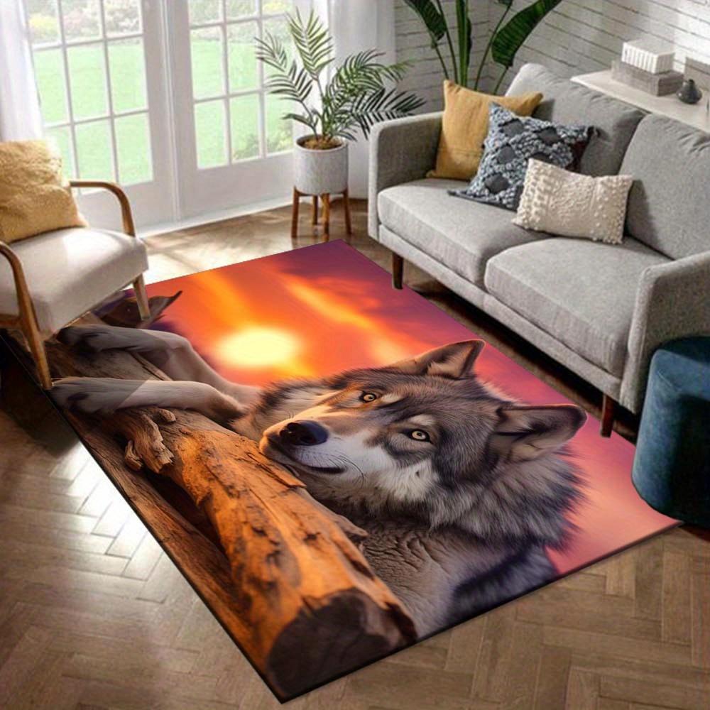 Image of 800g/m2 1pc 3d Wolf In The Sunset Design Area Rug, Soft Flannel Floor Mat Suitable For Living Room, Bedroom, And Carpet, Sofa Coffee Table Floor Mat, Machine Washable, Decorative Rug