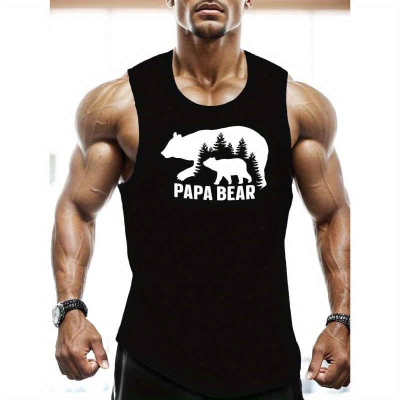 

Plus Size Papa Bear Print Men's Sleeveless Tank Tops, Comfy Breathable Casual Slightly Stretch Tops, Men's Clothing