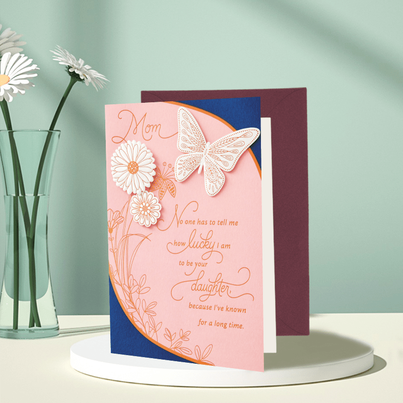 

1pc Of Greeting Card With The Words "mom, No 1 Has To Tell Me How Lucky I Am To Be Your Daughter" Written On It, And Painted With Butterflies And Flowers Suitable For Giving To My Dear Mother