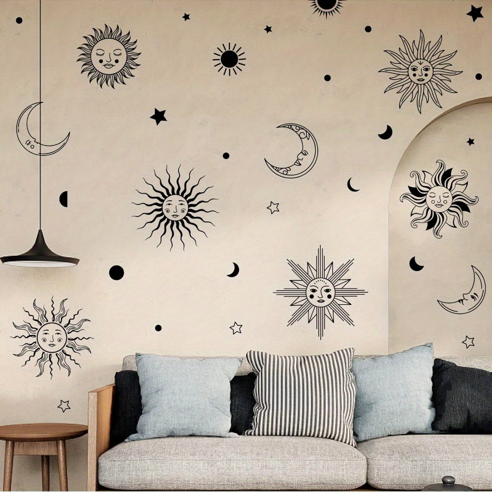 

1sheet Boho Ethnic Sun Moon Faces Wall Stickers, Decorative Pvc Vinyl Decals, Removable Crescent Stars Wall Art For Bedroom Living Room Decoration, Home Decor - Peel And Stick
