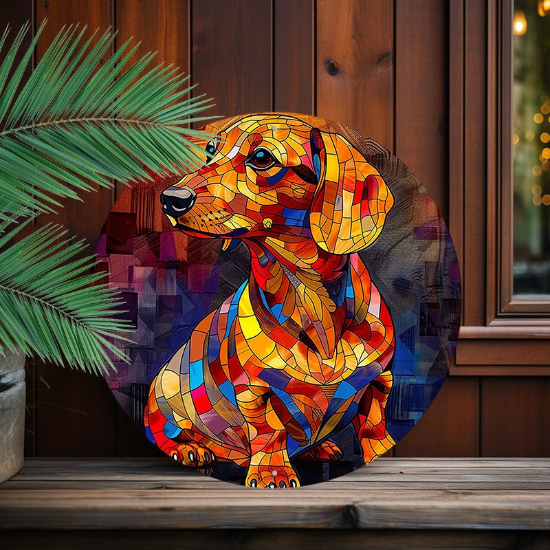 

1pc 8x8inch (20x20cm) Round Aluminum Sign Metal Sign Stained Glass Dachshund For Home Decorations Home Gate Garden Restaurants Cafes Office Store