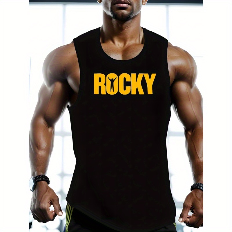 

Plus Size, Rocky Print, Men's Trendy Comfy Tank Top, Casual Workout Vest For Summer Fitness, Men's Clothing
