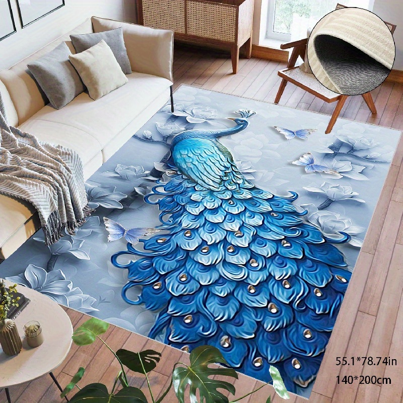 

Blue Peacock Area Rug Living Room: Soft Large Washable Rugs With Non-slip Rubber Backing Stain Resistant Modern Indoor Boho Vintage Carpet For Bedroom Dining Nursery Room Home Office