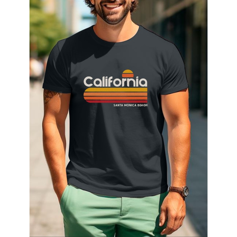 

California Santa Monica Beach Print T Shirt, Tees For Men, Casual Short Sleeve T-shirt For Summer