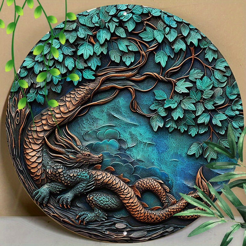 

1pc 8x8inch (20x20cm) Round Aluminum Sign Metal Sign Dragon Vintage Wreath Sign Wall Decor For Home Kitchen Patio Room Garage