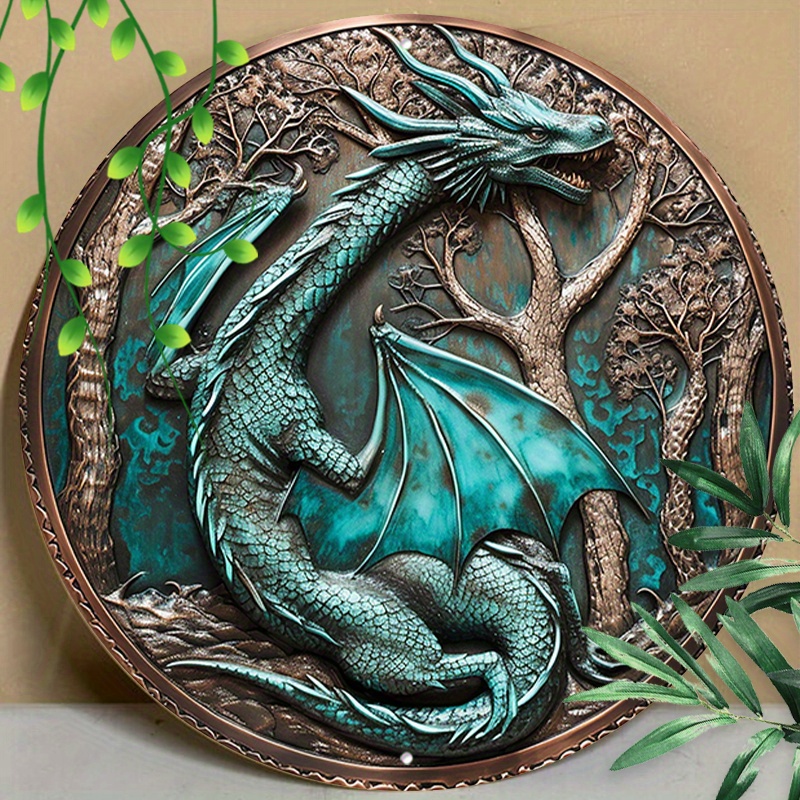 

1pc 8x8inch (20x20cm) Round Aluminum Sign Metal Sign Funny Dragon Vintage Style Metal Sign For Home Cave Wall Decoration