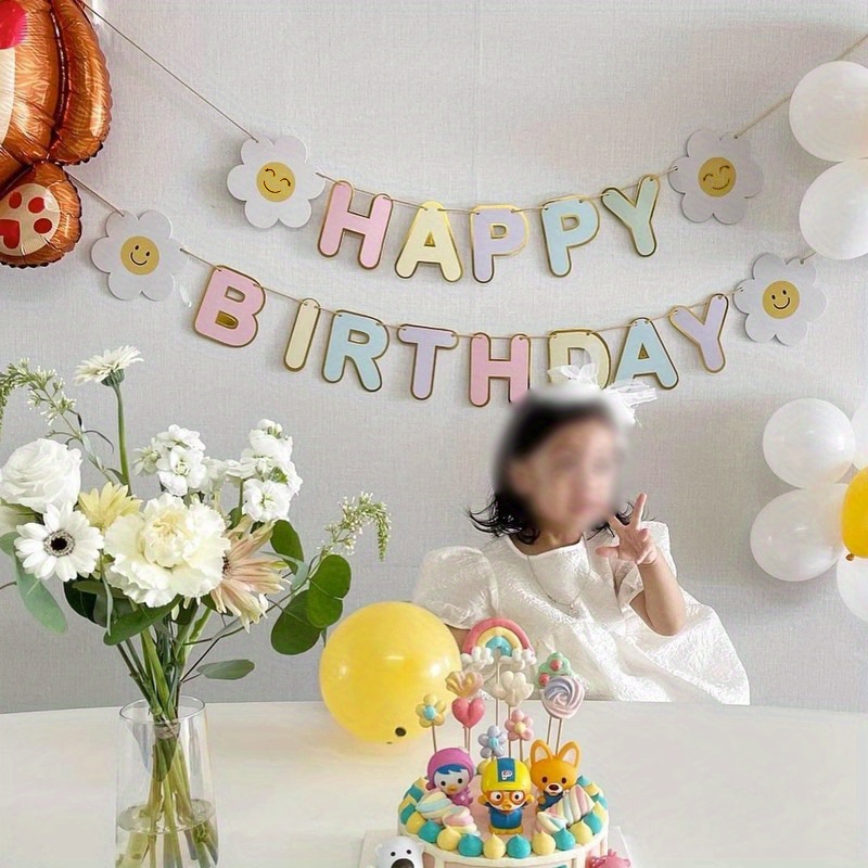 

Set, Korean Ins Smile Face Daisy Flower Happy Birthday Macaron Pull Flag Pull Flower Birthday Party Photo Decoration